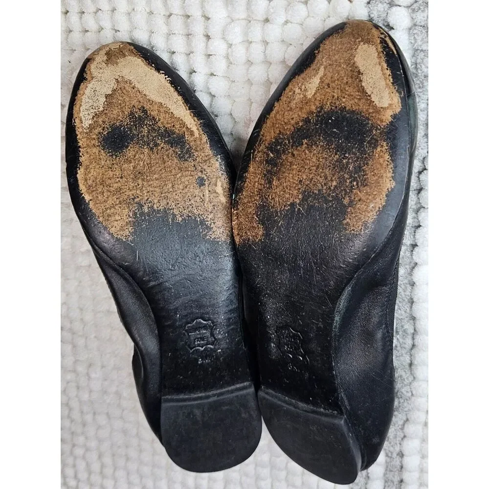 Tory Burch Ballet Flats Size-8 Black Gold Leather Jolie Stretch Shoes.